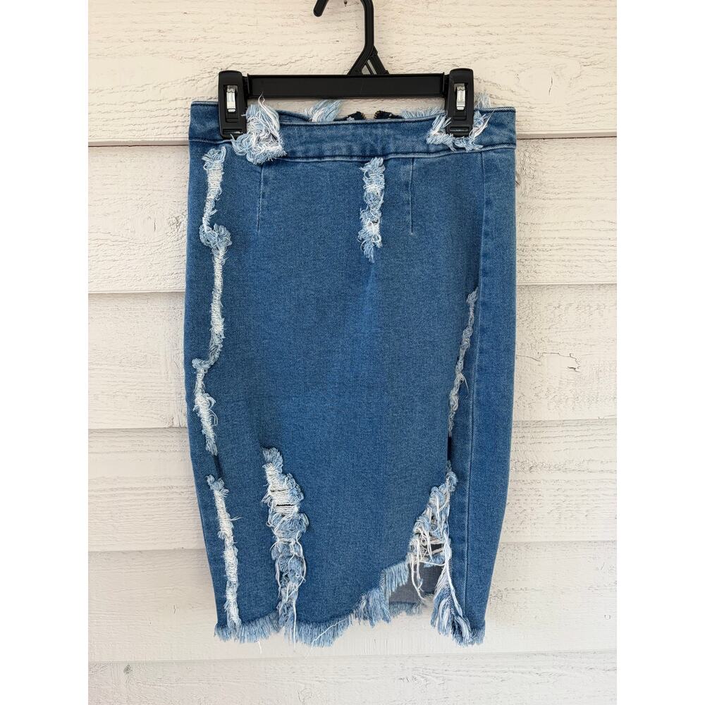 Vibrant M.I.U Distressed Denim Pencil Skirt Size M Made in USA High Waist - Picture 2 of 6